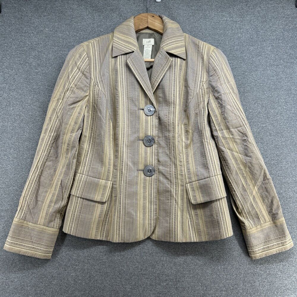 J Jill Womens 6P Petite Tan Beige Blue Striped Blazer Jacket Lined Button Career